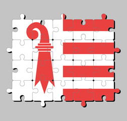 Jigsaw puzzle of Jura flag. The canton of Switzerland Confederation. Concept of Fulfillment or perfection.