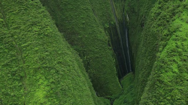 Aerial valley view of rainforest waterfalls Maui USA