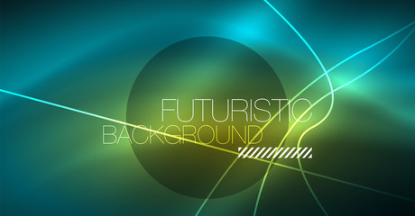 Digital technology abstract background - neon geometric design. Abstract glowing lines. Colorful techno background. Futuristic shape.