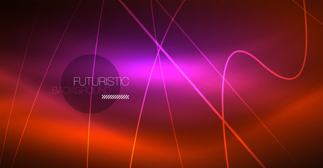 Neon glowing magic background, neon banner, night sky wallpaper. Magic light effect. Christmas abstract pattern.