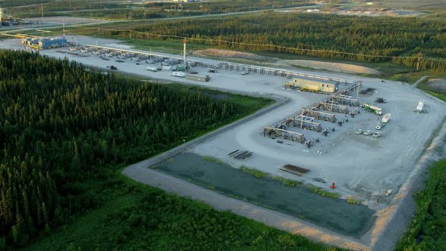 Sunset aerial view oil refinery Athabasca tar sands