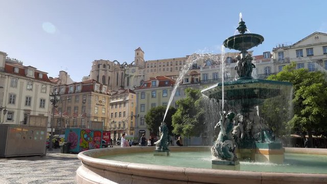 LISBON, PORTUGAL  Rossio square with fountain located at Baixa district 