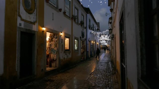 OBIDOS, PORTUGAL  Night view of the small streets of the village  