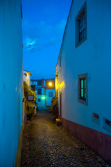 Fototapeta na wymiar OBIDOS, PORTUGAL - NOVEMBER 20, 2018: Night view of the small streets of the village of Obidos, Portugal