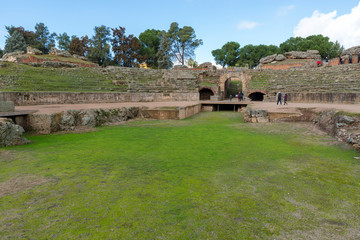 Fototapeta na wymiar MERIDA, BADAJOZ, SPAIN - NOVEMBER 23, 2018: The Amphitheatre of Mérida is a ruined Roman amphitheatre situated in the Roman colony of Emerita Augusta, present-day Mérida, in Spain.