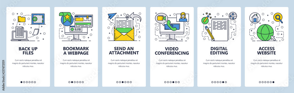 Poster web site onboarding screens. files and computer services. menu vector banner template for website an