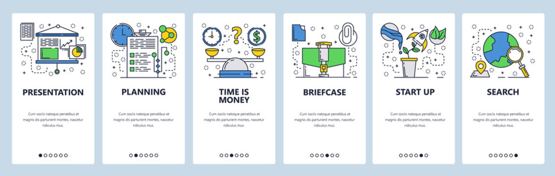 Web site onboarding screens. Business presentation and planing. Time is money concept. Menu vector banner template for website and mobile app development. Modern design linear art flat illustration.