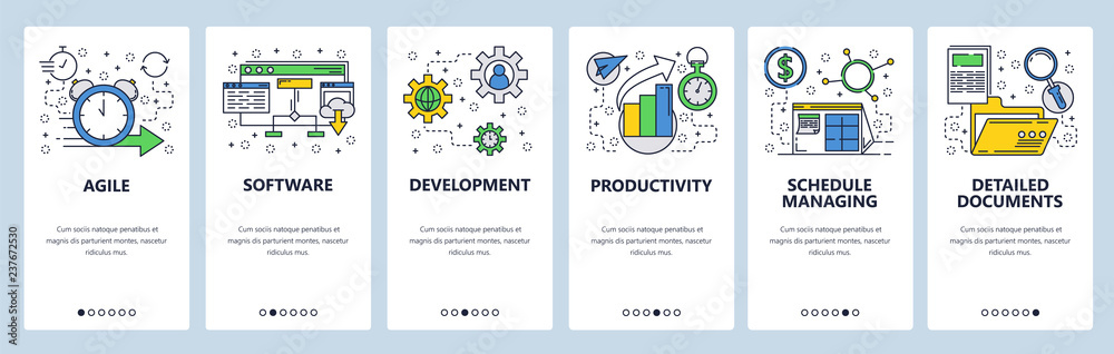 Poster web site onboarding screens. software development and team management. menu vector banner template f