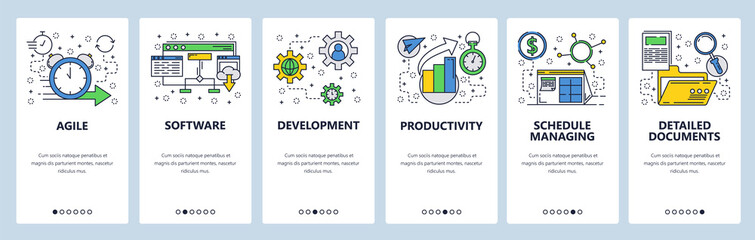 Web site onboarding screens. Software development and team management. Menu vector banner template for website and mobile app development. Modern design linear art flat illustration.