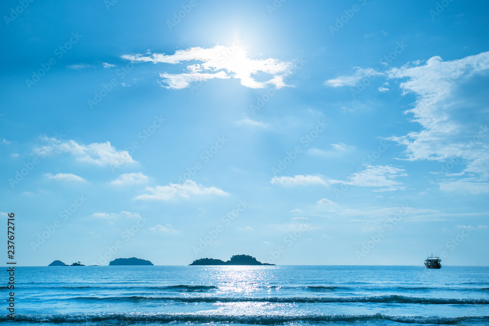 Wall mural beautiful tropical thailand island, sea, blue sky, ship. tropical background.