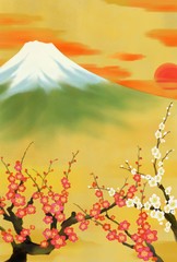 日本画風の富士山と梅
