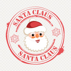 Christmas print with the look of a cute smiling Santa Claus with text and snowflakes.