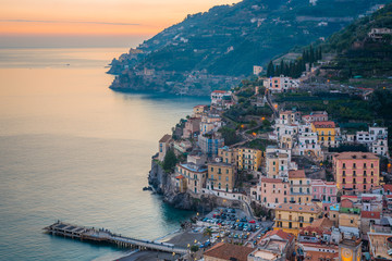 Sunset over Minori, on the Amalfi Coast in Campania, Italy
