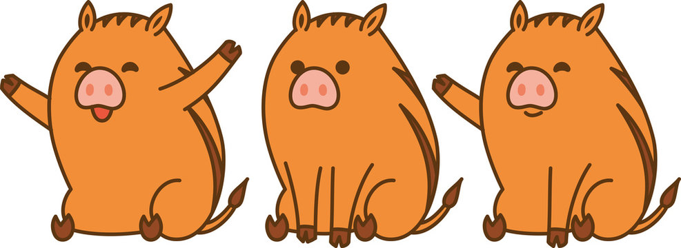 可愛い3匹のイノシシ、白バック、ベクターイラスト素材