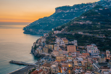 Sunset over Minori, on the Amalfi Coast in Campania, Italy