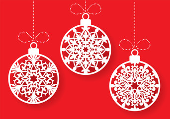 Vector snowflake ball laser cut template. Cutout pattern of Christmas and New Year decoration. Background illustration for greeting card, banner and other holiday media. - 237674559