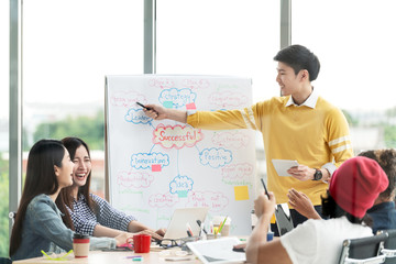 Young asian creative businessman standing and making presentation at modern office happy talking and brainstorming with team by pointing ideas on flipchart. Casual people business meeting concept.