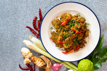 Stir fried cartilage pork with spicy curry paste (Thai call *Kua Kling*) thai food