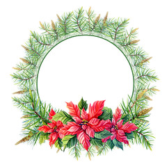 Watercolor Merry Christmas Wreath with Red poinsettia flowers, pine,spruce on white background.