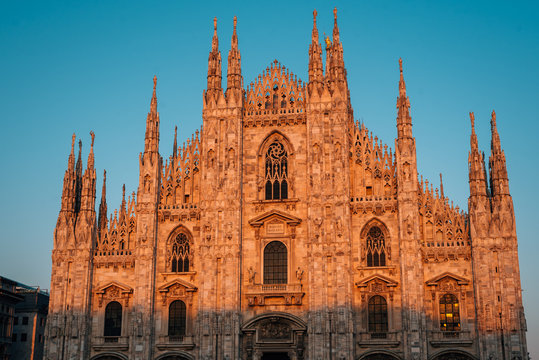 Sunset light on the Duomo in Milan, Italy.
