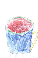 children drawing blue cup white background