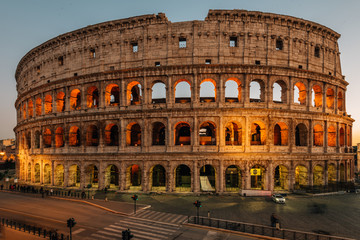 The Colosseum at sunset in Rome, Italy.
