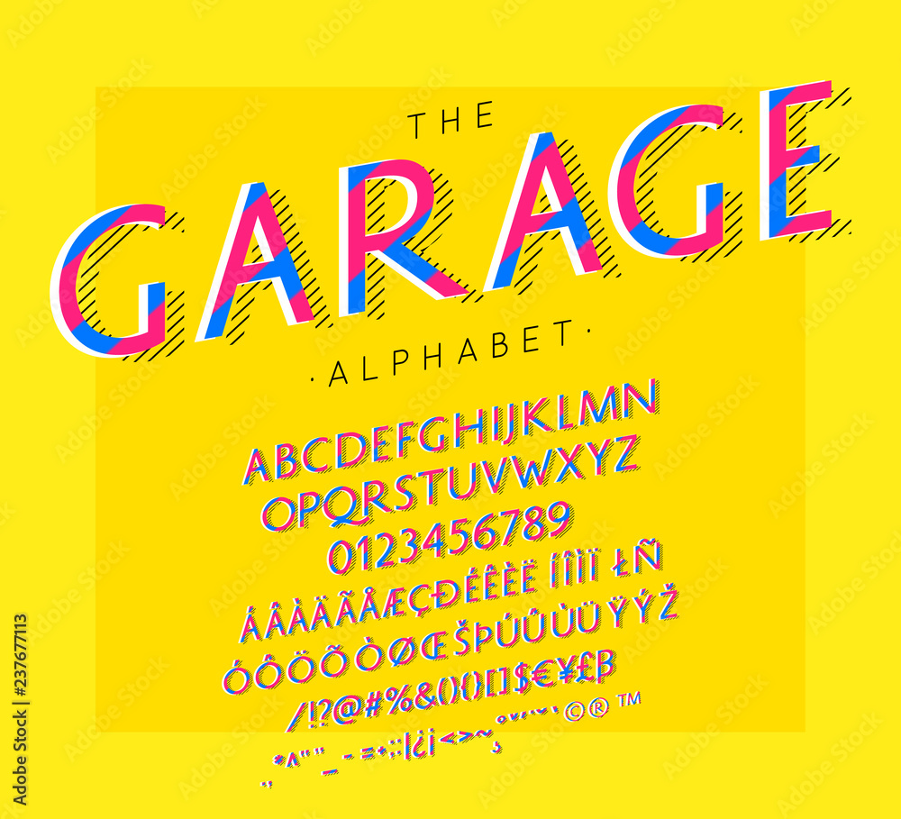 Wall mural Garage vector font and alphabet with numbers, signs and symbols