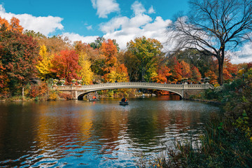 Fototapeta na wymiar Autumn color and the Bow Bridge, at The Lake, in Central Park, Manhattan, New York City
