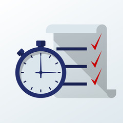Fast service. Stopwatch with checklist and completed tasks. Vector illustration flat design. Isolated on white background.