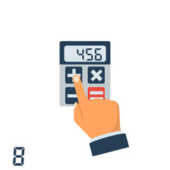 Hand with a calculator. Businessman accountant. Calculation concept, icon. Flat design, Vector Illustration. Isolated on white background. Element for editing digital values.