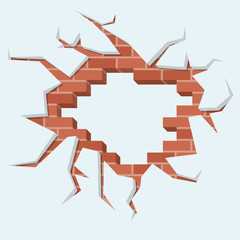 Hole in wall. Destroyed brick, cracked cement. Brown red broken shattered brickwork. Old stone surface. Vector illustration flat design. Grunge template. Damage wall. Shabby plaster.