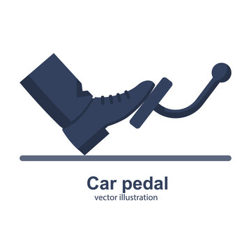 Man presses a foot pedal car. Acceleration transmission brakes. Motion control. Driving safety template. Vector illustration flat design. Isolated on white background.