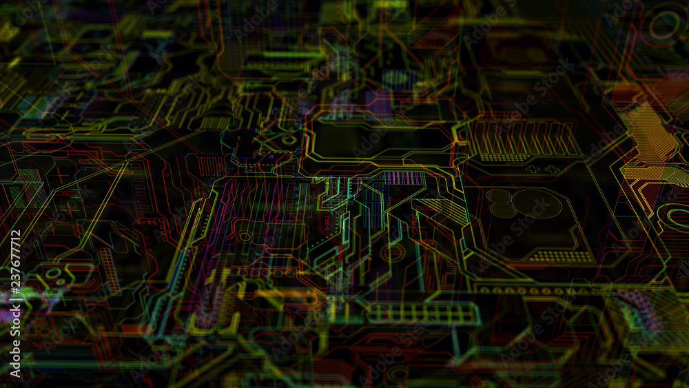 Poster 3d abstract complex technology background. high detailed elements in 3d space with depth of field ef