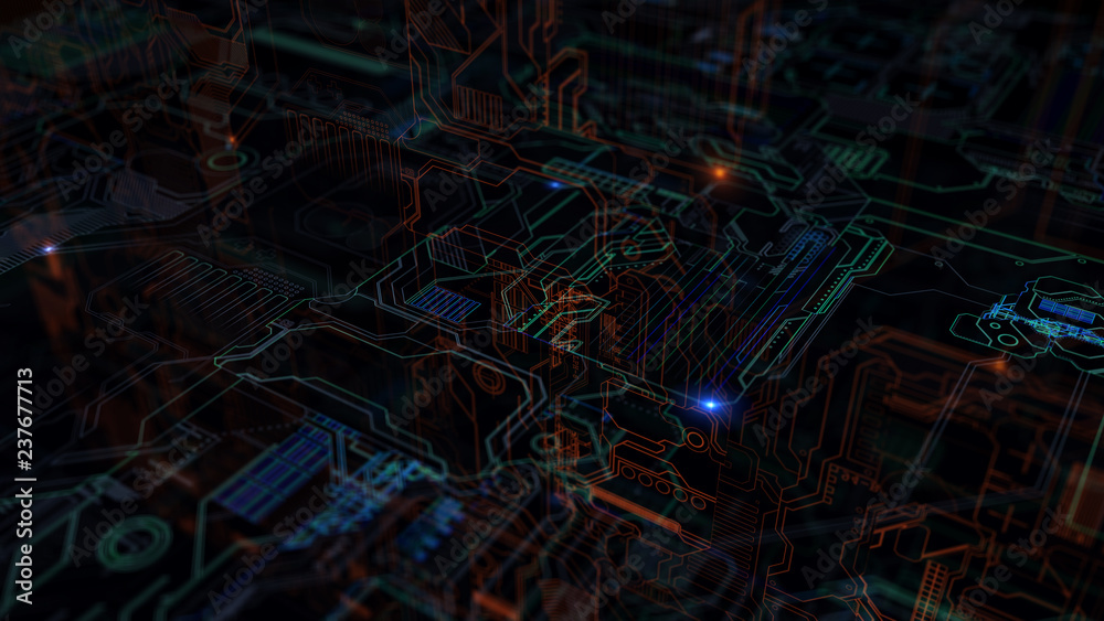 Poster 3d abstract complex technology background. high detailed elements in 3d space with depth of field ef