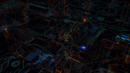 3D Abstract complex technology background. High detailed elements in 3d space with depth of field effect. Circuit like structure.