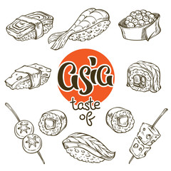 Obraz premium asian food, sushi and japanese snack lineart, doodle, sketch collection for your coloring book