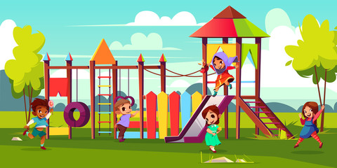 Obraz na płótnie Canvas Children playground cartoon vector illustration with multinational, preschooler kids characters running and having fun in park. Caucasian, african-american and indian boys and girls playing together