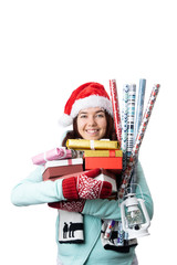 Photo of woman in Santa's cap with boxes with gifts with wrapping paper