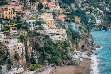A view of buildings on the hillside in Positano, Amalfi Coast, Italy.