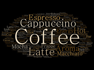 Vector conceptual creative hot morning italian coffee break, cappuccino or espresso restaurant or cafeteria abstract beverage word cloud isolated on background. An energy or taste drink concept text