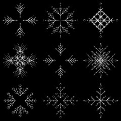 Vector collection of artistic icy abstract crystal snow flakes isolated on background as winter december decoration group or collection. Ice or frost beautiful star ornament silhouette or season art