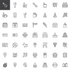 Party decoration outline icons set. linear style symbols collection, line signs pack. vector graphics. Set includes icons as Champagne bottle, Glass, Fireworks, Mask, Invitation card, Garlands, Cake