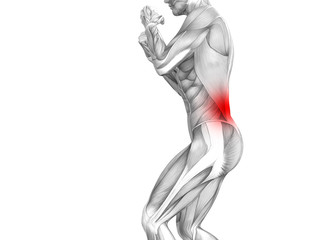 Conceptual back human anatomy with red hot spot inflammation articular joint pain or spine health care therapy or sport muscle concepts. 3D illustration man arthritis or bone sore osteoporosis disease