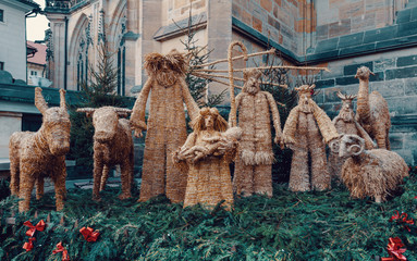 Traditional christmas straw nativity scene