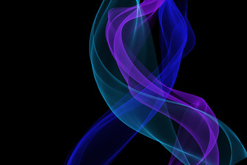 Multicolor glowing waves isolated on black background. 3d dynamic flow trasparent waveforms