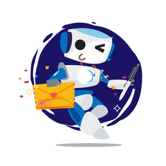 Robot holding love letter and pen. ropot with love - vector
