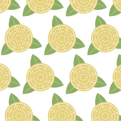 Seamless pattern with lemon slices and leaves. Organic  citrus background concept.