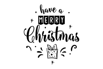 Merry Christmas, happy New Year letter text card text. Typography inscription decoration poster winter holiday design. Red color gift, snowflakes, snow. Vector illustration.