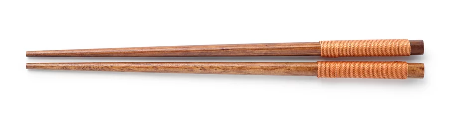 Foto op Canvas Top view of wooden chopsticks on white background © koosen