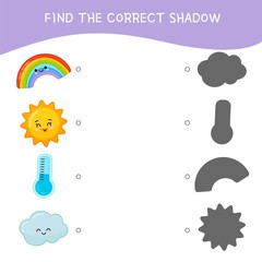 Educational  game for children. Find the right shadow. Kids activity with weather